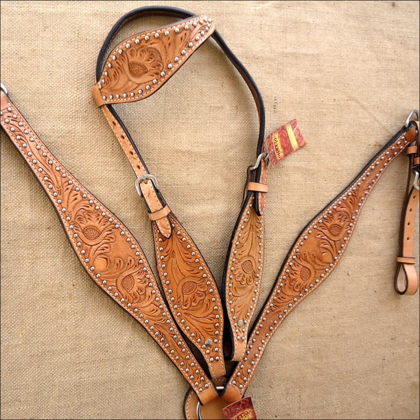 WESTERN LEATHER HORSE BRIDLE HEADSTALL BREAST COLLAR SET TAN HAND