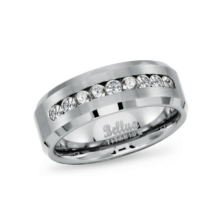 Men's Solid Titanium Beveled Edge Design CZ Wedding Band Ring