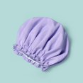thumbnail image 3 of Large Shower Cap, Reusable, Double Layer Lined with Soft Waterproof Material, Ruffle Trim, for All Hair Lengths (Purple), 3 of 5