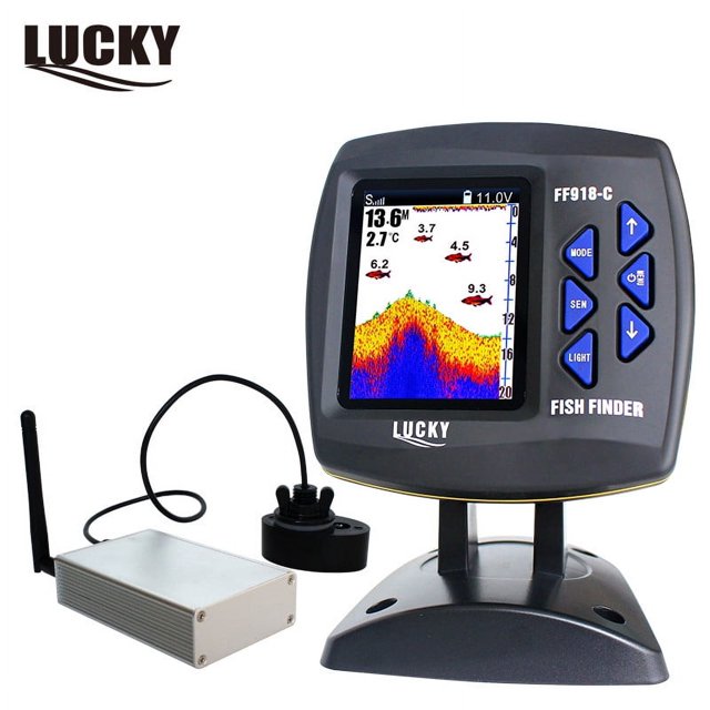 NOBRAND Wireless Fish Finder with 300m Range and Remote Control, featuring the Lucky Sonar FF918-CWLS model. The device includes a wireless sonar with frequencies of 125Khz and 200Khz, offering coverage angles of 90 and 45 degrees, respectively. It has a detecting range of 0.6-183 meters and operates on DC 10V-18V power. The fish finder is shown with its display unit, wireless transducer, and remote control, designed for boat fishing. The screen displays sonar readings with fish icons and depth measurements.