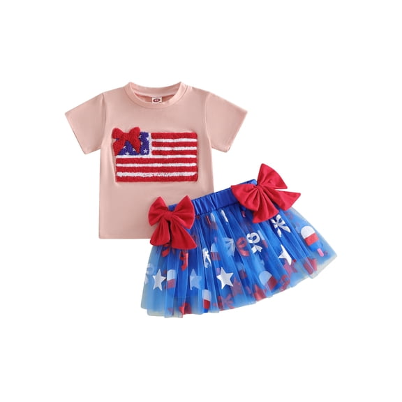 BemeyourBBs Toddler Baby Girl 4th of July Outfit Patriot Independent Day Clothes American Flag Embroidered Bows Short Sleeve T Shirt Tops and Print Tutu Skirt Set Toddler Girls Summer Clothes