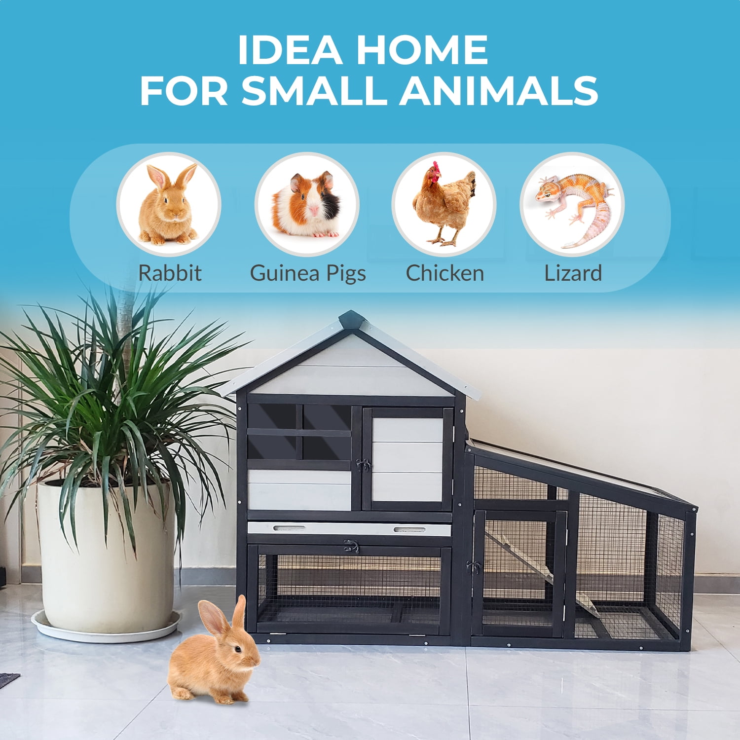 Two-Layer Outdoor & Indoor Rabbit Hutch with Waterproof Roof, No-Leak Pull-Out Tray, Removable Wire Mesh bedding area and Ventilation - Wooden Bunny Cage for Rabbits, Guinea Pigs, Chickens