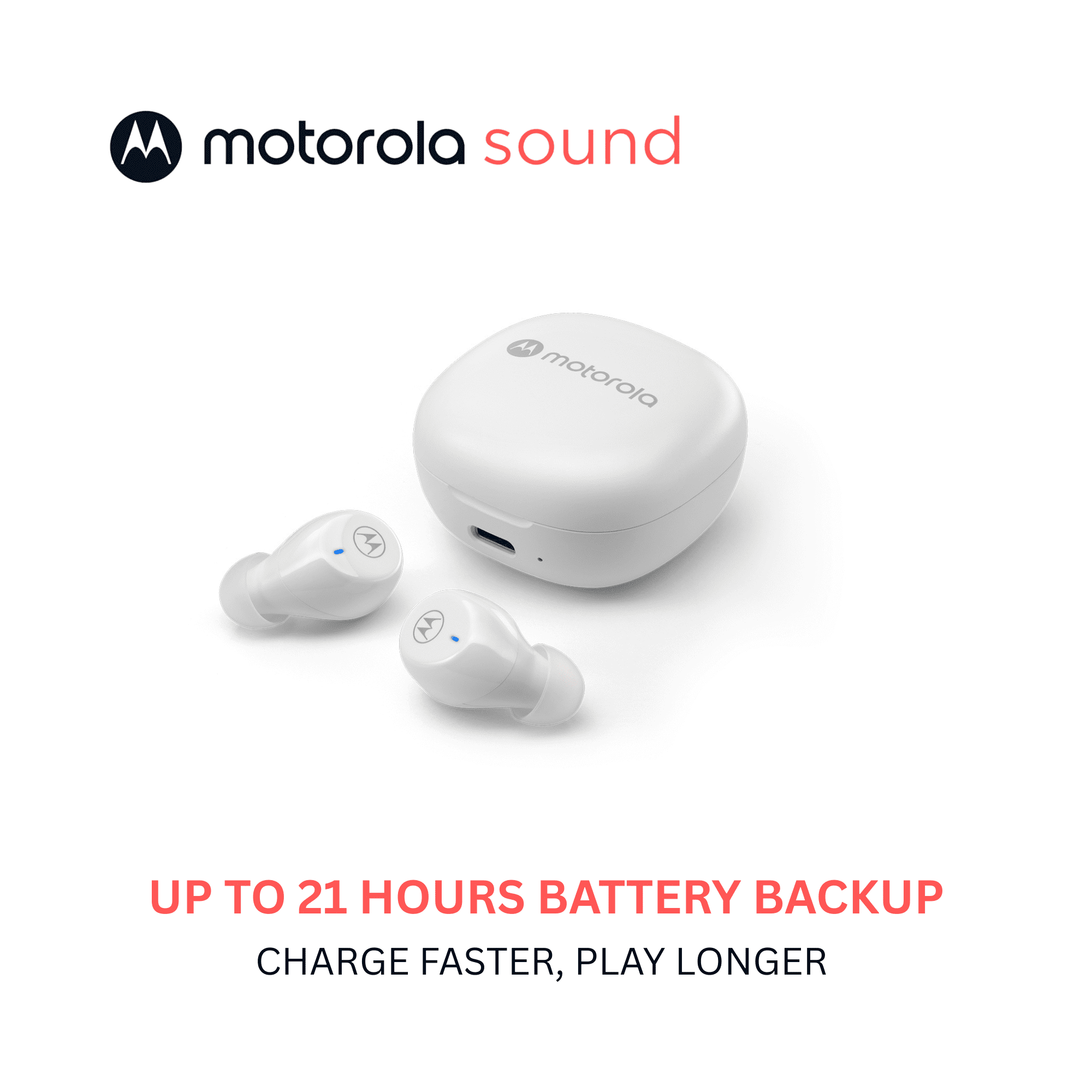 Motorola Moto Buds 105 True Wireless Bluetooth Earbuds with ENC, 21H Playtime, Touch Controls, IPX5 Water Resistance, Compact Charging Case, Comfortable In-Ear Fit - White