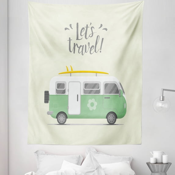 Camper Tapestry, Lets Travel Words with Vintage Hippie Van Surfboard and Flower Motif, Fabric Wall Hanging Decor for Bedroom Living Room Dorm, 5 Sizes, Ivory Pale Green Yellow, by Ambesonne
