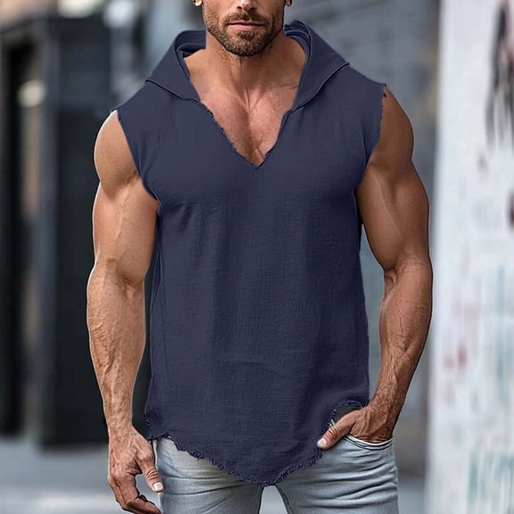 CQONEPT Mens Hooded Tank Top Sleeveless Hoodies Lightweight Casual Gym Workout Shirts UPF 50 Muscle Tee Shirt Navy 2XL