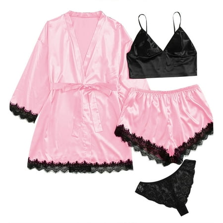 

KDDYLITQ Women Cami Top and Shorts Panty Nightwear 4 Piece PJ Sets Soft Loungewear with Robe Pajama Set Sleepwear Pink M