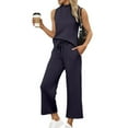 thumbnail image 2 of Women's Mock Neck Two Piece Sets Summer Sleeveless Tank with Wide Leg Crop Pants Casual Vacation Lounge Outfits 2026 Dark Blue 2XL, 2 of 6