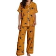 thumbnail image 4 of Halloween Pajamas Women Casual Full Printed 2 Pc Short Sleeve Button Down Lapel Pocket Shirts Loose Straight Pants Silk Satin Comfy Sleepwear Fall Winter Womens Loungewear Set Orange M, 4 of 7