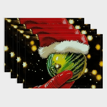 

Fenyluxe Xmas Ball Merry Christmas Placemats Set of 4 Seasonal Winter Holiday Black Table Mats for Party Kitchen Dining Decoration 18x12in