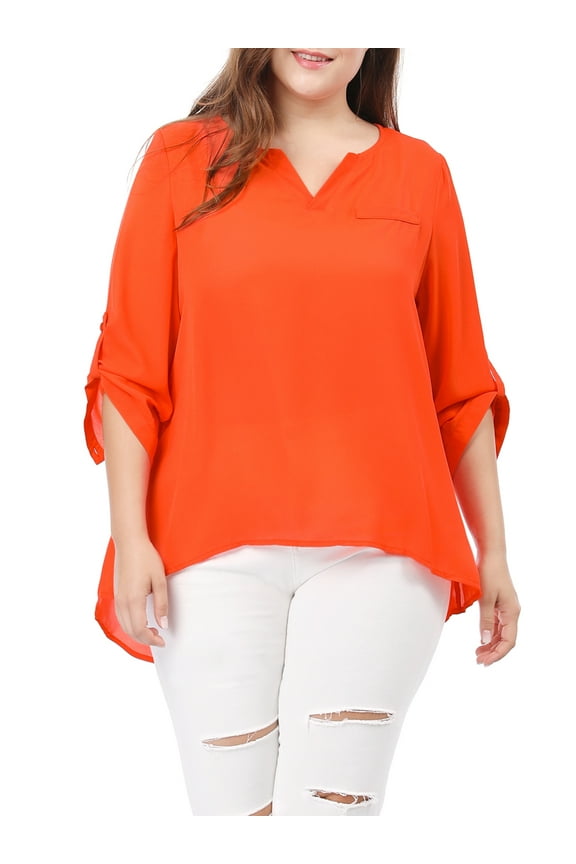 Women's Plus Size Tops Split Neck High Low Hem 3/4 Sleeves Chiffon Blouse 2024 2X Orange
