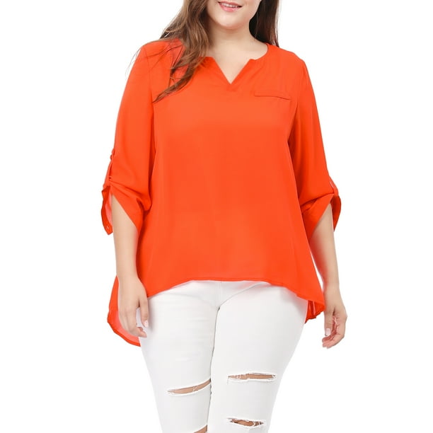 Blusa de gasa de mujer plus size Agnes Orinda con cuello partido, dobladillo alto-bajo, mangas 3/4, 2024, 5X, naranja