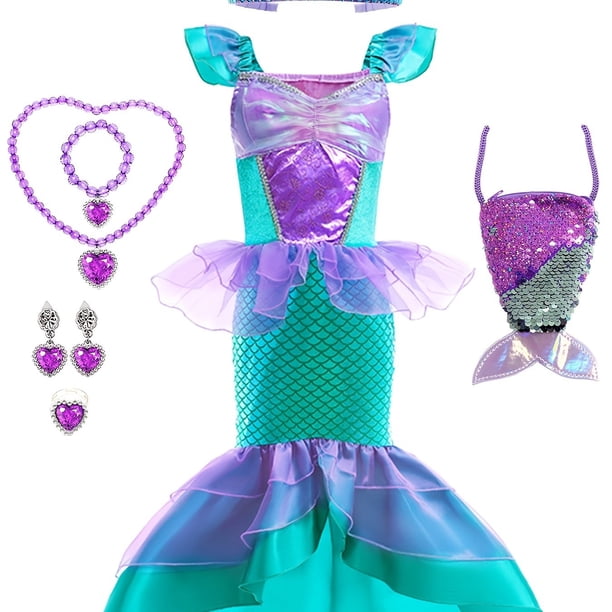 Vestido De Princesa Sirena Para Niñas Pequeñas, Disfraz De Fiesta De Cumpleaños, Conjunto De Cosplay, Con Accesorios De Corona Y Collar, Pulsera, Anillo Y Bolso De Lentejuelas