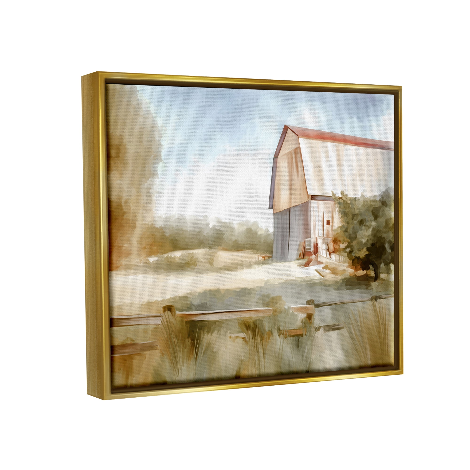 Stupell Industries Barn in Rural Farmland Nature Painting Gold Floater Framed Art Print Wall Art, 21 x 17