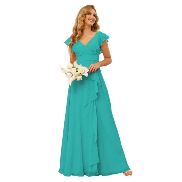 Vestido de dama de honor TIRAS, talla grande, volantes, gasa color aguamarina, 22 W