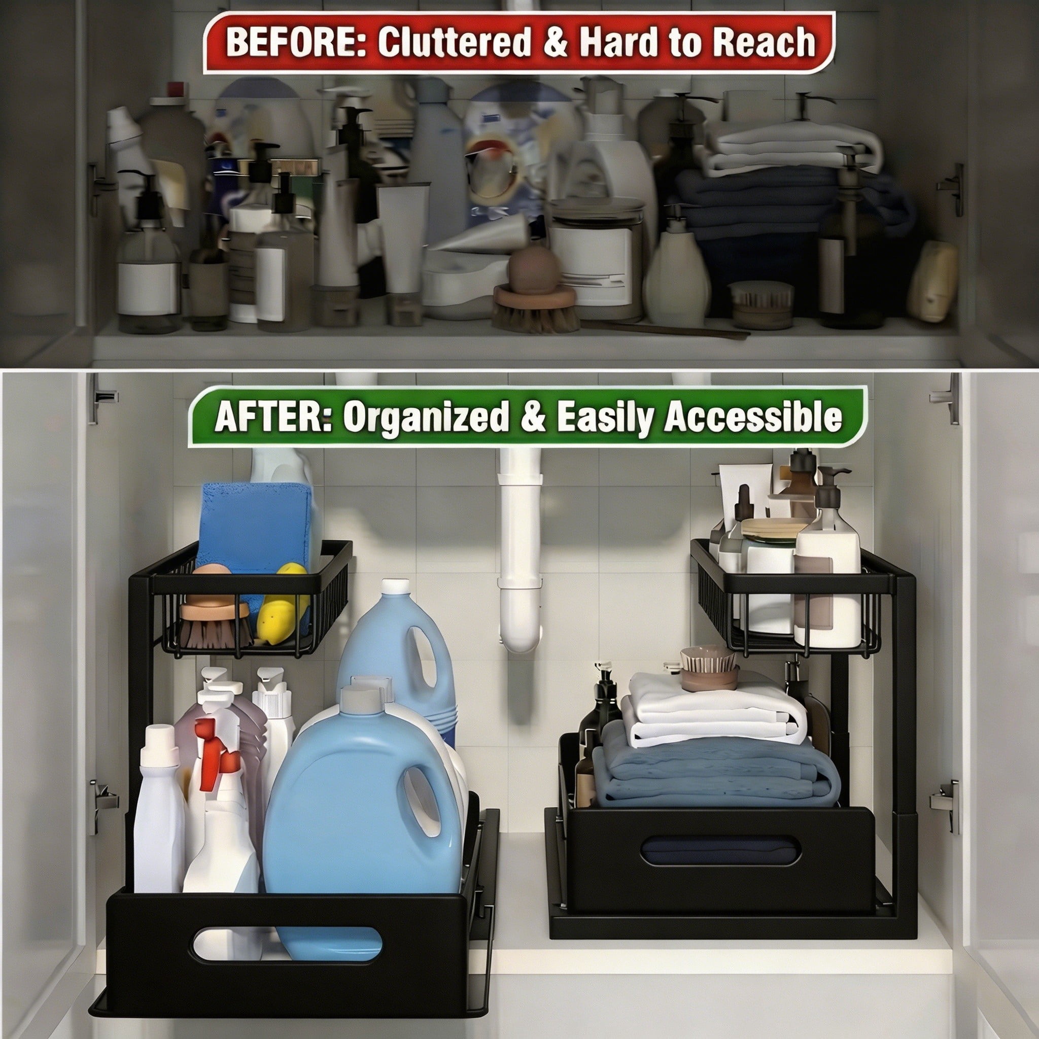 L-Shaped Under Sink Organizer, 2 Tier Pull Out Cabinet Organizer, Heavy Duty Metal Storage with Slide Out Drawer, Holds 50 Lbs, Rust-Proof Bathroom & Kitchen Sink Rack, Black 2PC