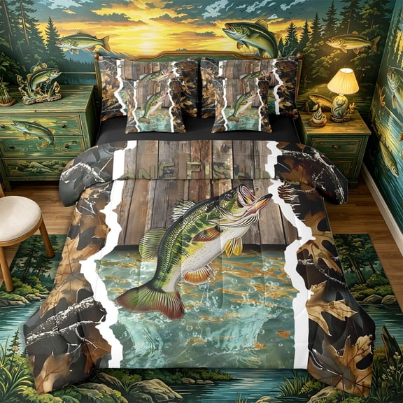 Castle Fairy Rustic Camo Bass 7-Piece Twin Bedding,Wooden Plank Outdoor Fishing Bedding Comforter Set,Brown Olive,Black Reversible
