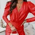 thumbnail image 5 of Women Sexy Wrap V Neck Dress Shimmer Glitter Ruched Long Sleeve Party Dress Elegant Wedding Guest Cocktail Mini Dress, 5 of 7