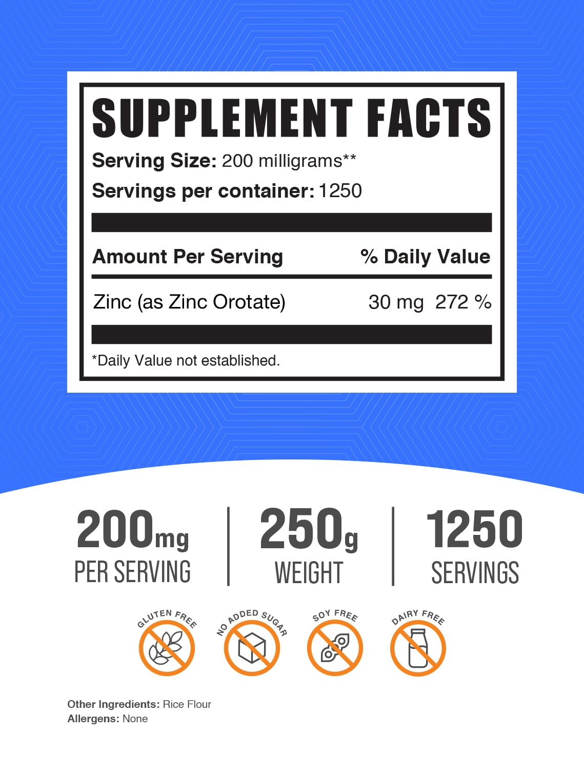 BulkSupplements Zinc Orotate Powder - Gluten Free, 200mg per Serving - 250 Grams (8.8 oz) - 1250 Servings