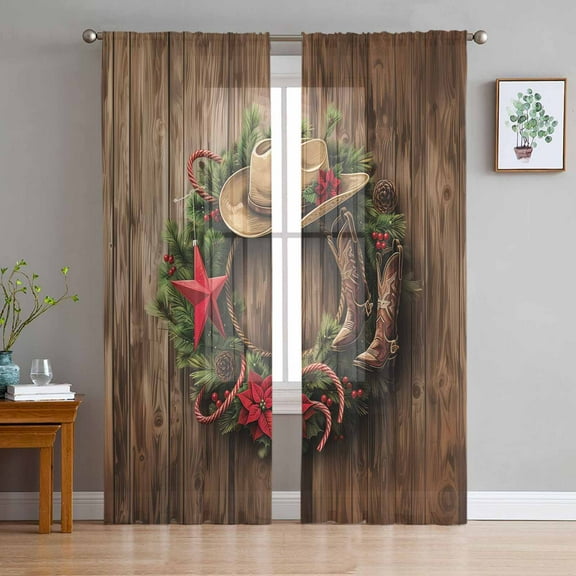 Western Christmas Sheer Curtains 72 Inches Long 2 Panels Set, Window Sheer Curtains for Living Room/Bedroom, Vintage Xmas Botanical Wreath Light Filtering Rod Pocket Curtain 52'' x 72'' x 2