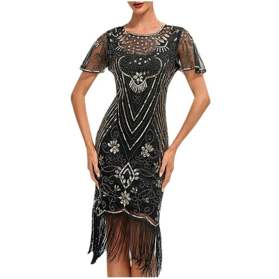 Oplxuo Women's Luxury Sequins Embroidered Tassels Cocktail Dress Vintage 1920s Flapper Glitter Party Rumba Ballroom Costume