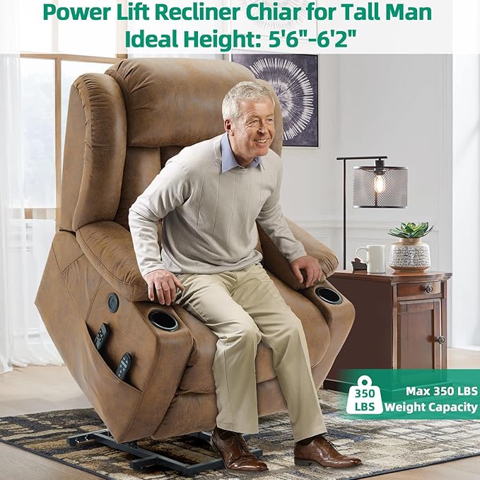 VIVIJASON Tall Man Dual Motor Power Lift Recliner, Oversized Lay-Flat Sleeper with Extended Footrest, Heat, Massage, Lumbar Pillow & USB/Type-C, Brown