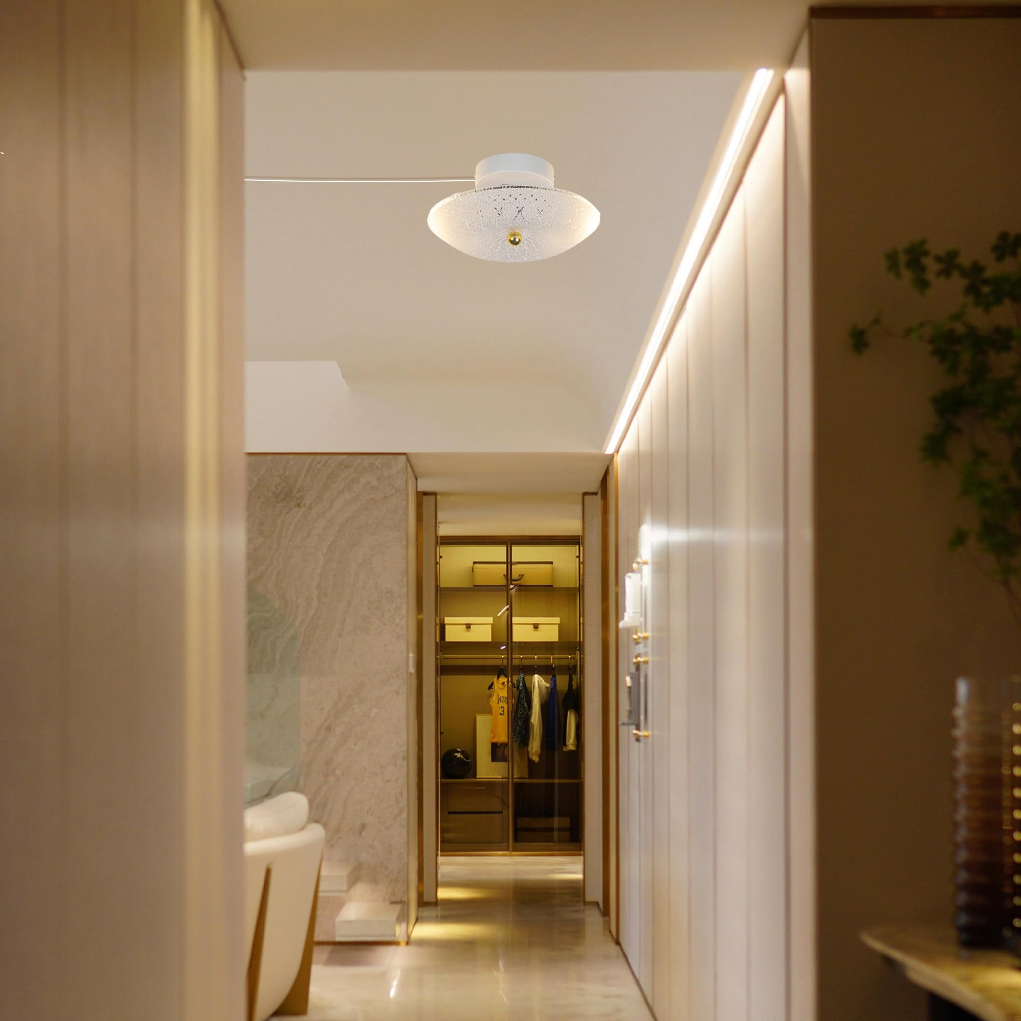Kiven 11.8in Flush Mount Ceiling Light Fixture Dimmable, 2-Light Anti Glare Close to Ceiling Light with 15FT Plug-in Cord, Modern Glass Chandelier for Kitchen Bedroom Hallway Wall Decor