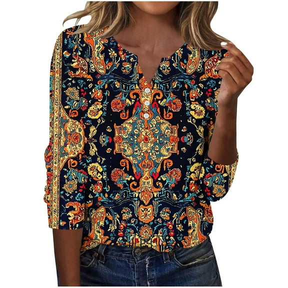 successthop V Neck Blouse for Women 3/4 Sleeve Tee Shirts Lightweight Trendy Pullover Clothes Vintage Print Shirts