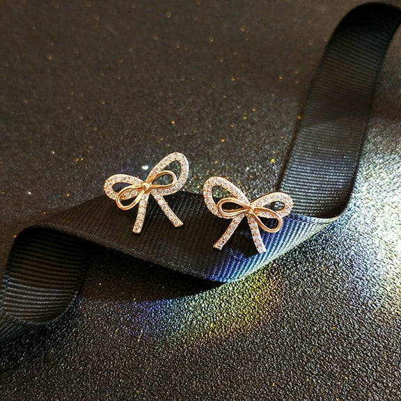 New Luxury Gold Color Bow Stud Earrings Inlaid Crystal Cubic Zirconia Fancy Women's Earrings Daily Wear Chic Accessories