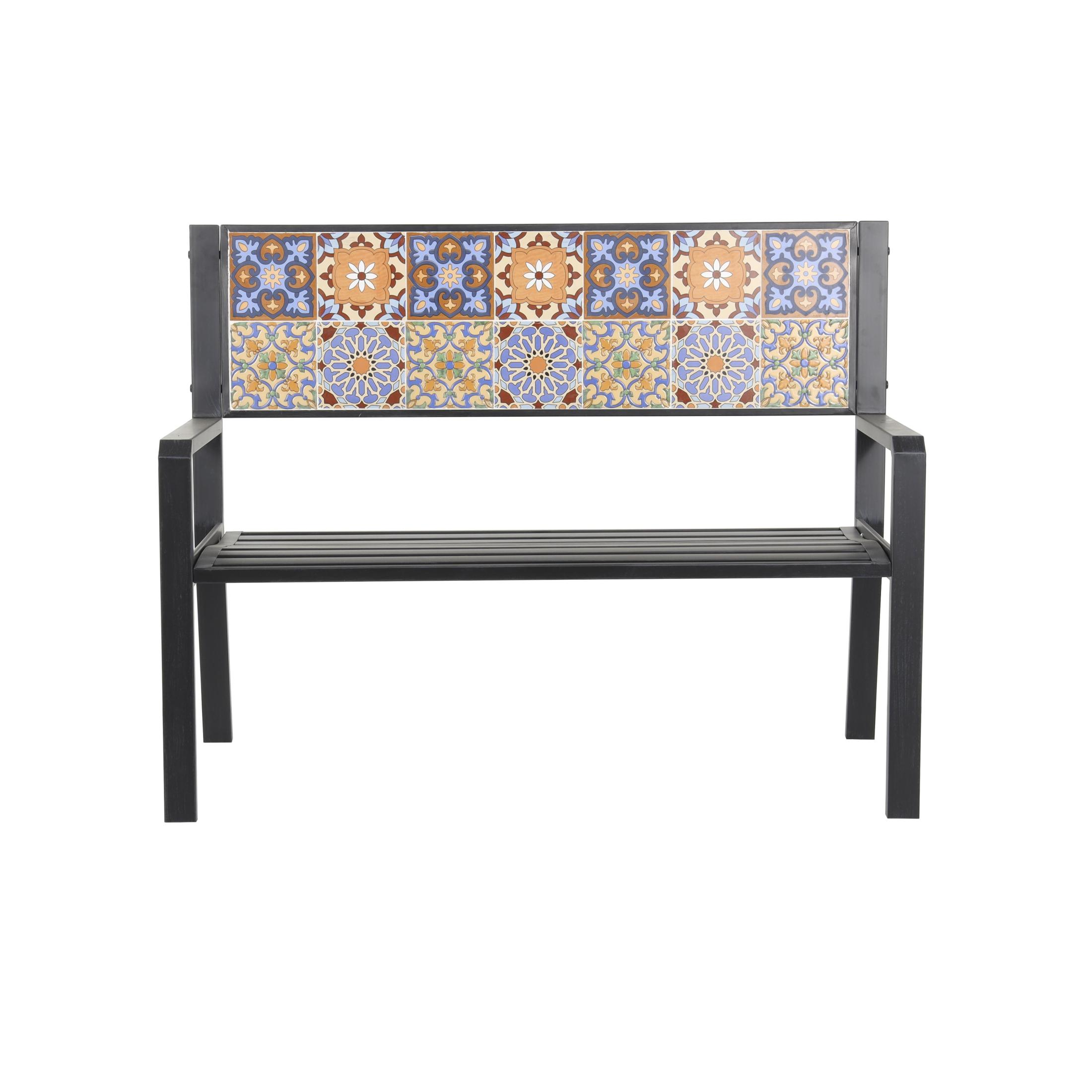 DecMode Metal Floral Scroll Mosaic Outdoor Bench with Orange and Blue Patterns, Black