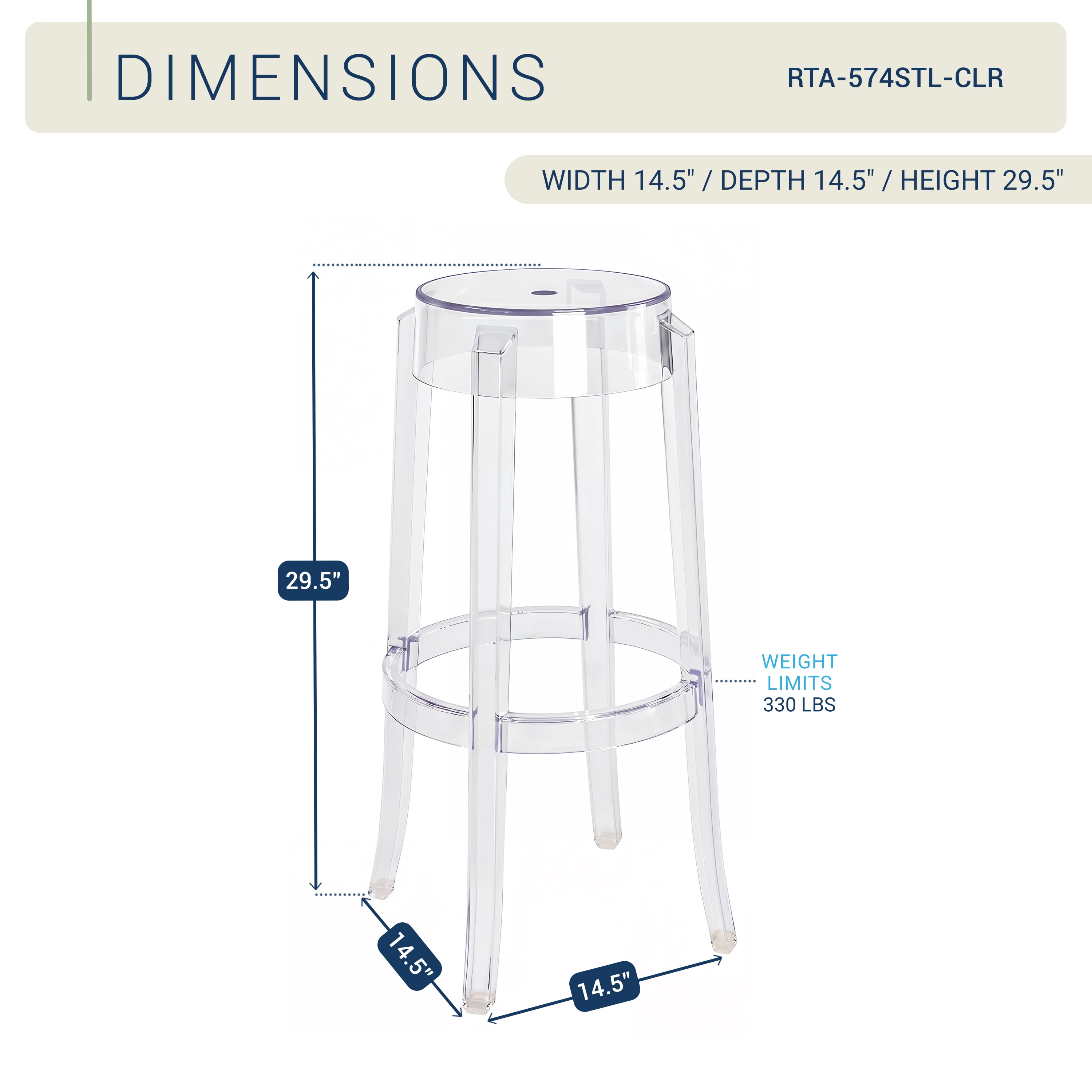 Clear Acrylic Bar Stools Set of 2 Stackable Ghost Bar Height Stools 330 lbs Capacity for Kitchen Island Home Bar