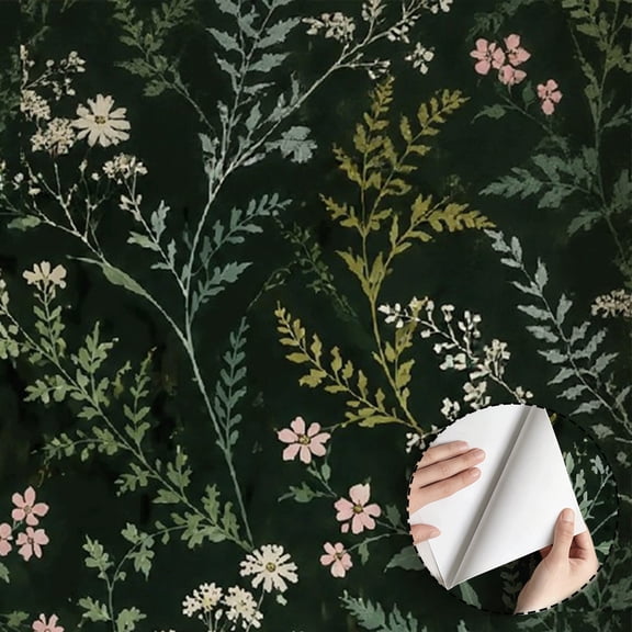 Dark Green Wildflower Botanical Wallpaper, Boho Rustic Floral peel and stick wallpaper waterproof, Home Decor for Bedroom, Living Room, Bathroom, Kitchen Cabinet, Dorm Room [17.7 * 118 in]