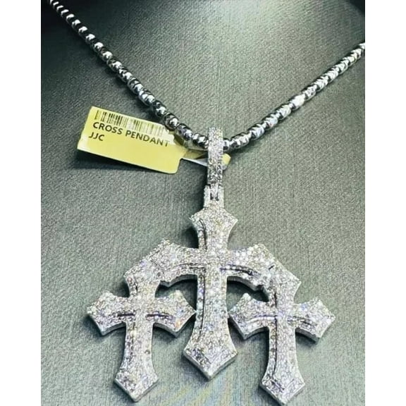 4CT Round Cut VVS1 Moissanite Triple Cross Pendant 14K White Gold Plated