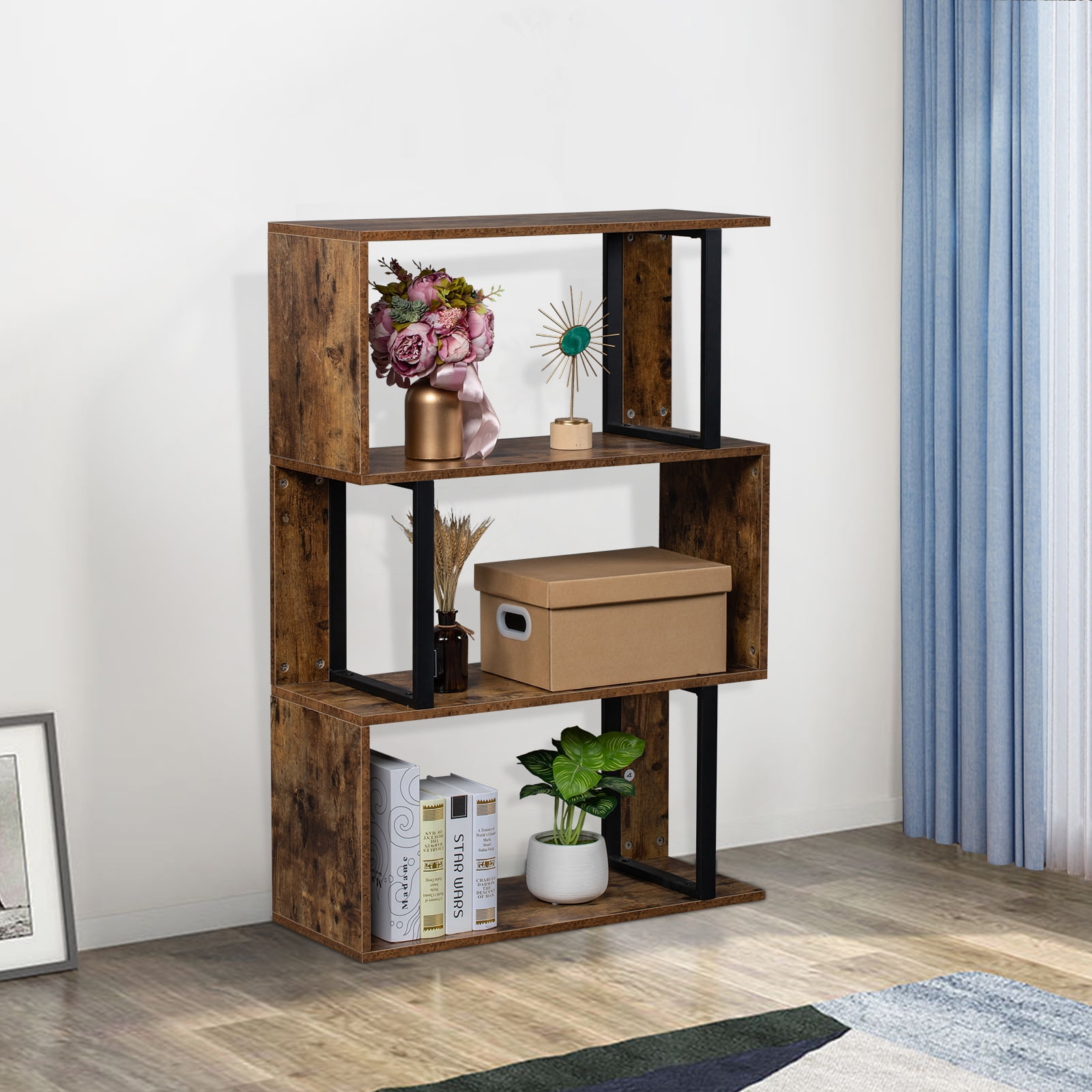 Kepooman Storage Cabinet Multifunctional Industrial S-Shaped Z-Shelf Bookshelves with 3 Storage Cabinet for Bedroom, Living Room, Study, Balcony, Rustic Brown Cabinet Organizers and Storage Kepooman Storage Cabinet Multifunctional Industrial S-Shaped Z-Shelf Bookshelves with 3 Storage Cabinet for Bedroom, Living Room, Study, Balcony, Rustic Brown Cabinet Organizers and Storage