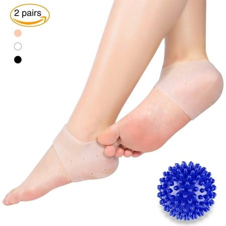 Plantar Fasciitis Gel Heel Protectors Heel Pads Kit,Cushions (White+White) +1 Foot Massage Ball