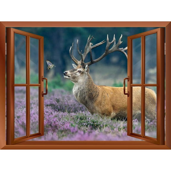 wall26 - an Elk Deer and a Butterfly Outside an Open Window | Removable Wall Sticker/Wall Mural - 36"x48"