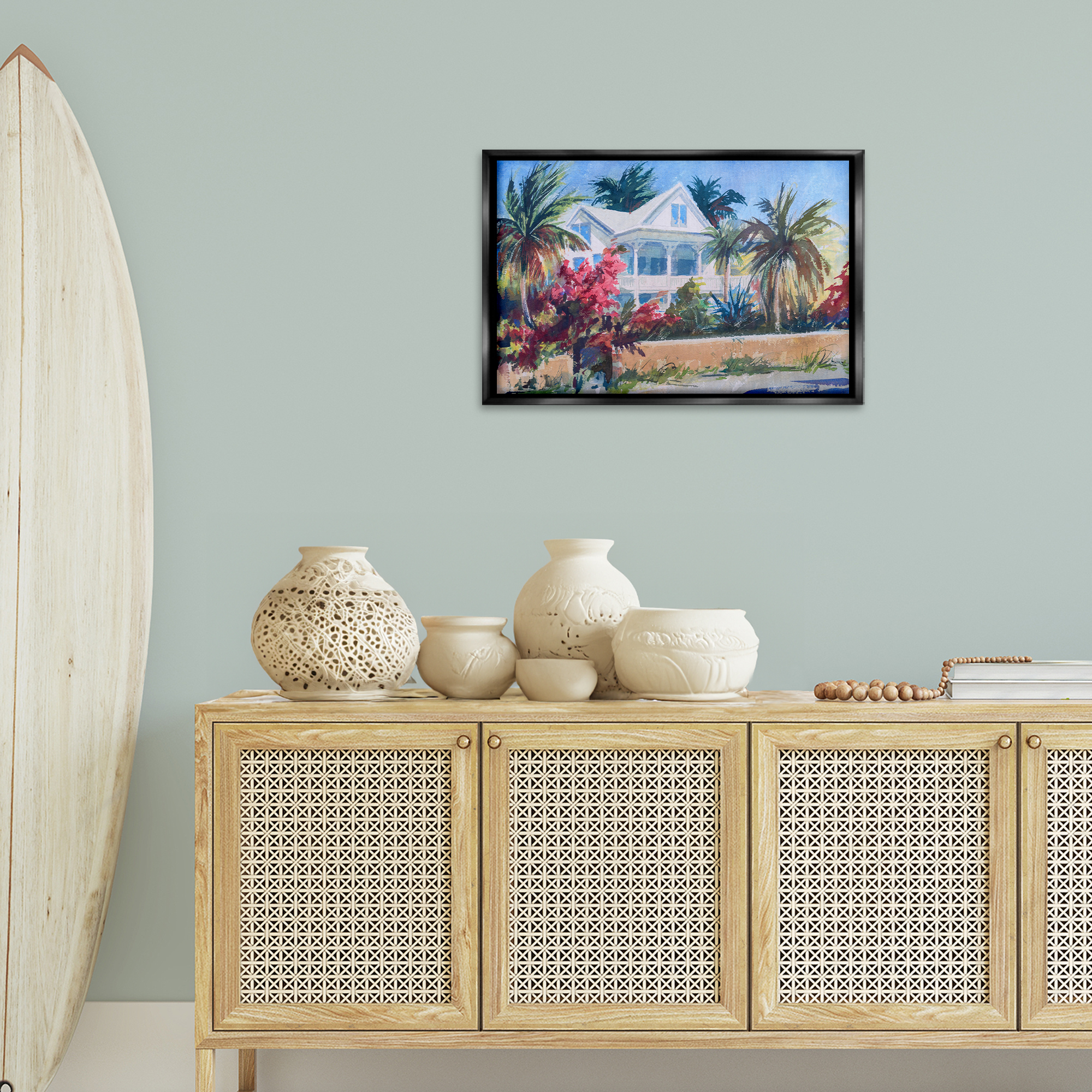 Stupell Industries Palm Tree Cottage Landscape Painting Black Floater Framed Canvas Art Print Wall Art, 25 x 17