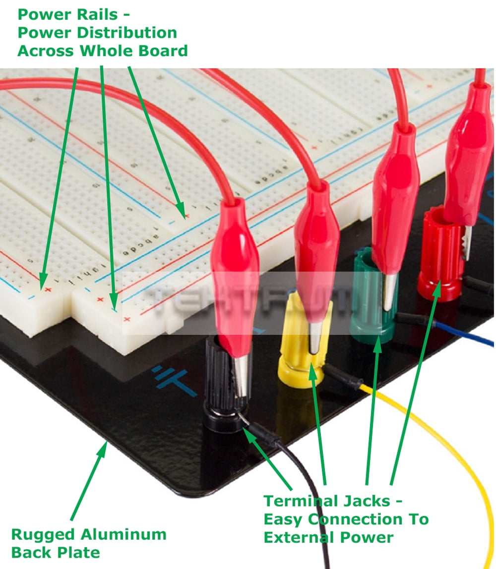 TEKTRUM EXTERNALLY POWERED SOLDERLESS 3220 TIE-POINTS EXPERIMENT PLUG-IN BREADBOARD WITH ALUMINUM BACK PLATE AND JUMPER WIRES FOR PROTO-TYPING CIRCUIT/ARDUINO