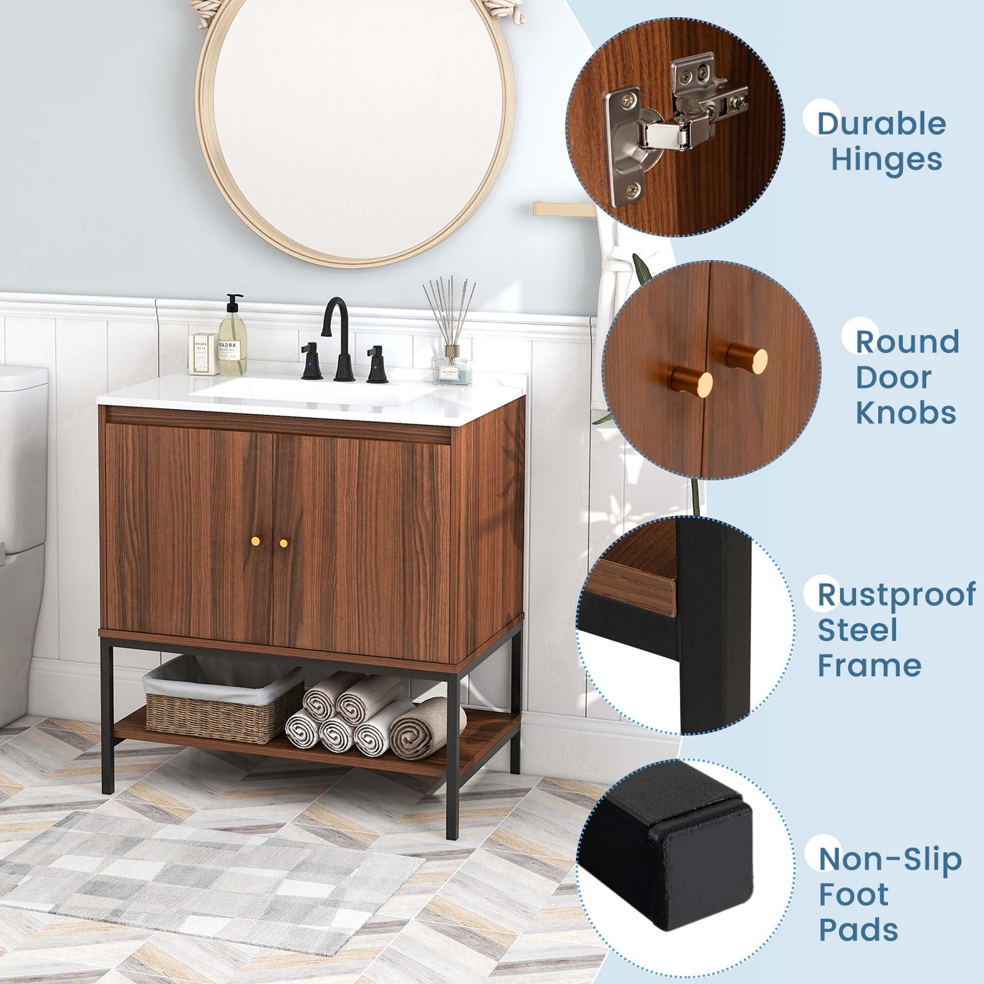 Costway 31" Bathroom Vanity Sink Combo Wooden Bathroom Storage Cabinet with Doors Walnut