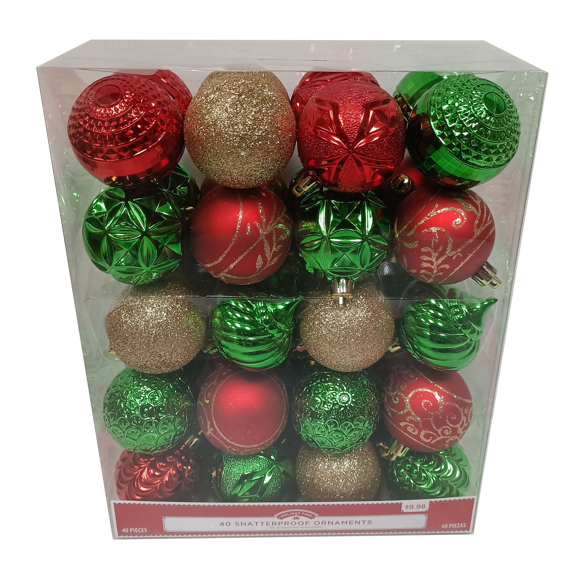 Holiday Time 40-Count Christmas Shatterproof Ornaments- Red, Green & Gold