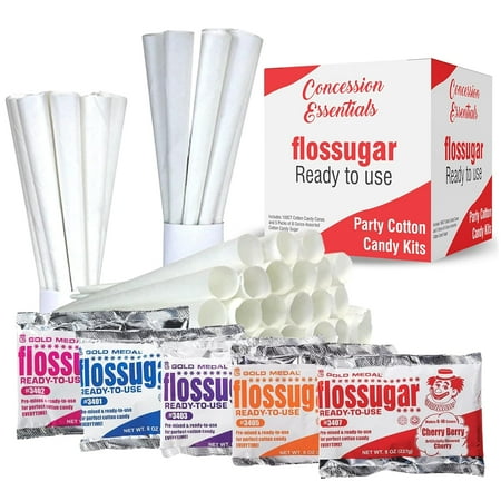 Concession Essentials New Carnival Party Cotton Candy Kits.Includes 100CT Cotton Candy Cones and 5 Packs of 8 Ounce Assorted Cotton Candy Sugar