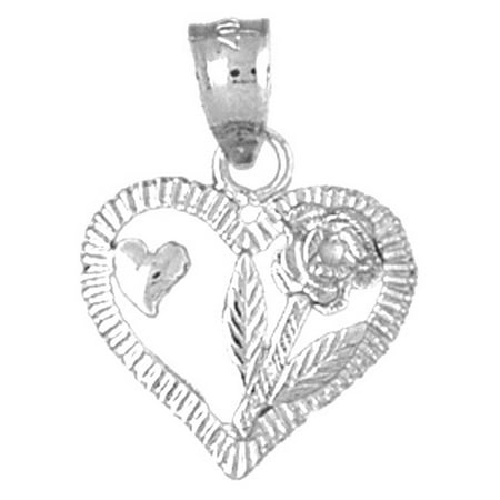 18K White Gold Heart With Rose Pendant - 20 mm