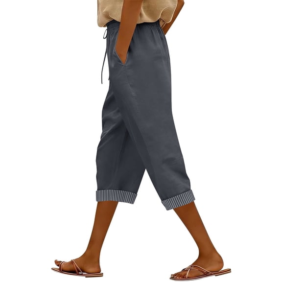 Dxzfnsa Women's Linen Capris Wide Leg Ruffle High Waisted Pants Casual Drawstring Summer Loose Capri Pants with Pockets S-2XL