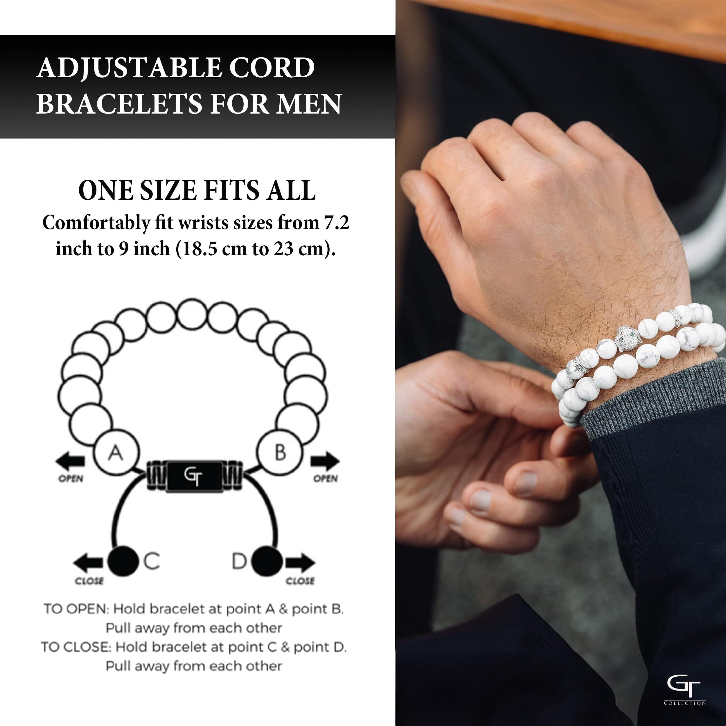 Men's WHITE HOWLITE Bracelet With Silver LEOPARD Head | Gift for Men | One Size Fits All | 100% Natural | Gemstone Adjustable Bracelet