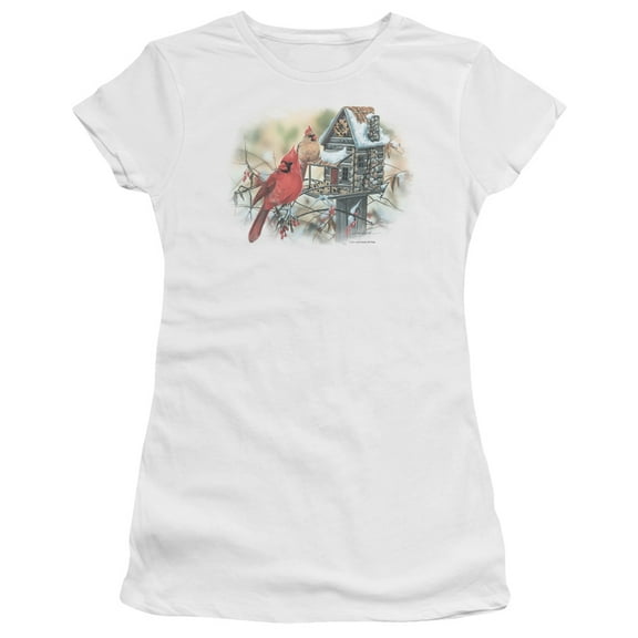 Wildlife Cardinals Rustic Retreat S/S Junior Women's T-Shirt Sheer White