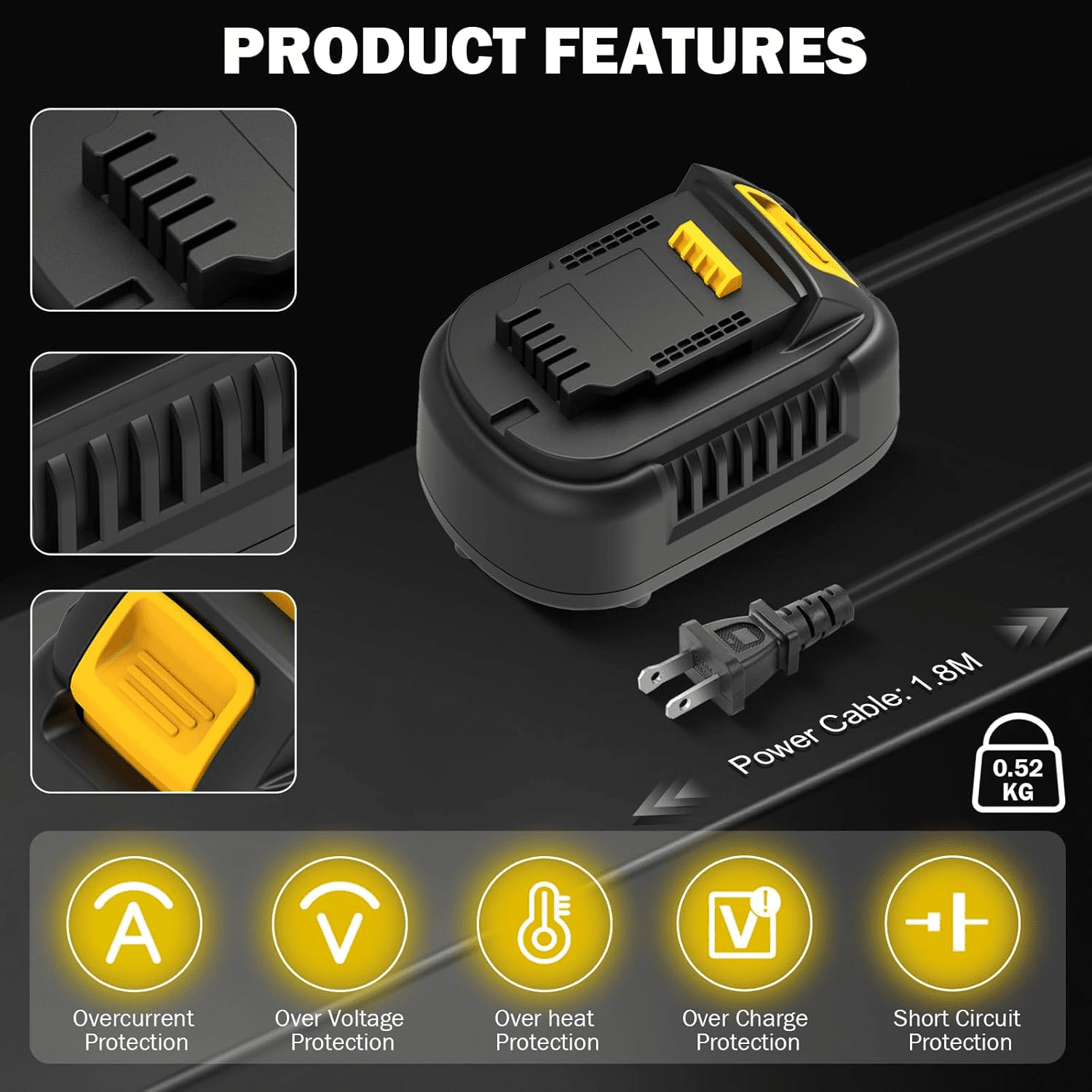 Extension Cord 1.8M Charger Replacement for De*walt 20V Batteries Corded Rapid Charger for De*walt 20V Power Tools up to 500W