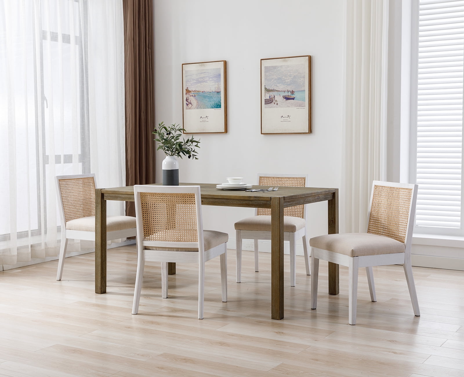 Guyou Farmhouse Rattan Dining Chairs Set of 6, Mid Century Modern Dining Side Chairs with White Hardwood Frame, Linen Upholstered French Country Kitchen Chairs for Dining Room Bistro, Beige