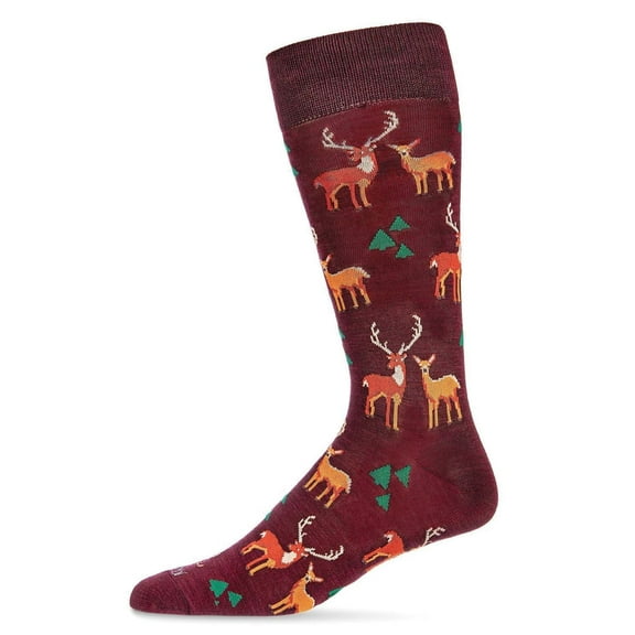 MeMoi Men's Oh Deer Bamboo Blend Novelty Crew Sock - Mens - Male, 10-13, Burgundy