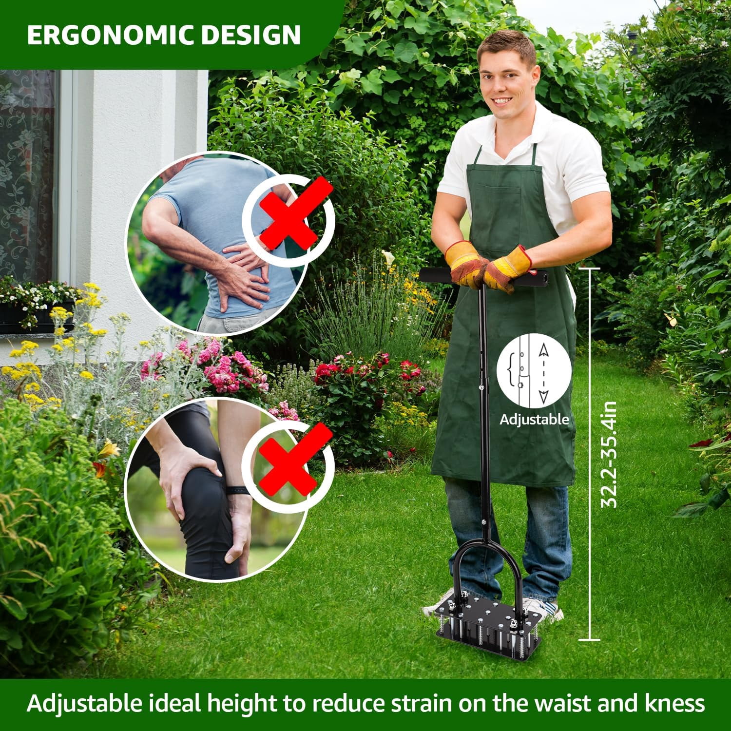 Lawn Aerator, Automatic Dirt and Leaf Clean Design, Heavy Duty Manual Aerator Tool with 15 Iron Spikes, Height Adjustable, Yard Grass for Lawn(Black)