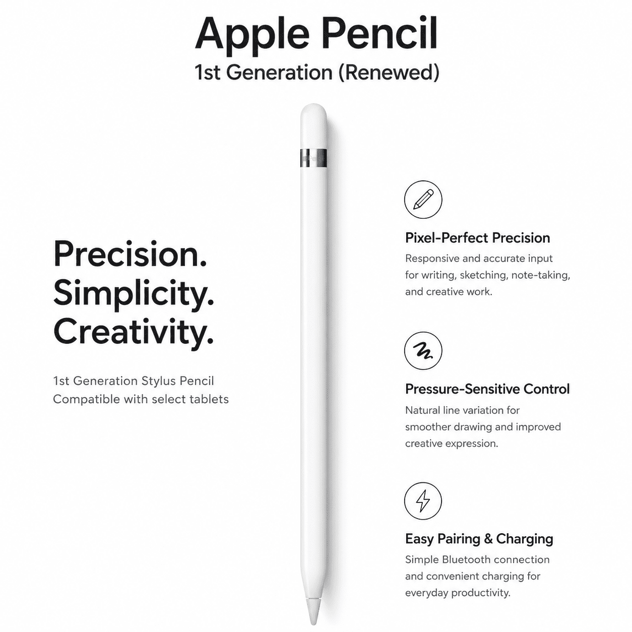 Apple Pencil (1st Generation) for iPad – Stylus with Lightning Connector, Precision Writing, White