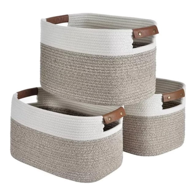 Juego de 3 Cestas de Almacenamiento Tejidas con Cuerda de Algodón en Forma de Cubo, Ideales para Organizar Estanterías y Armarios - Decorativas y con Asas de Cuero Desmontables (3 Pcs)